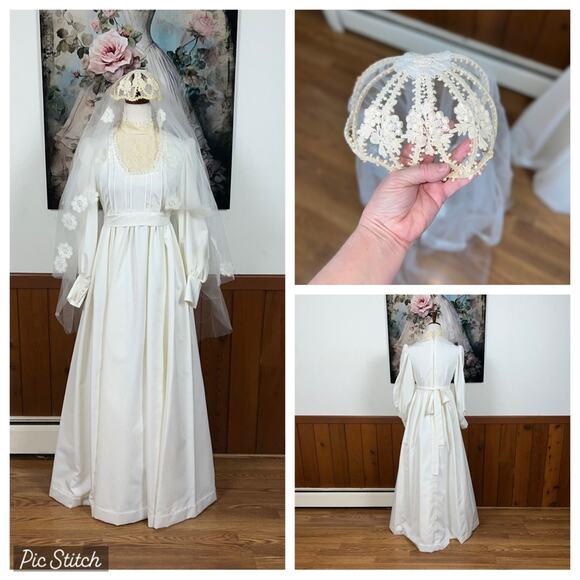 Beautiful Vintage 1970s Wedding Gown & Veil! - Picture 1 of 9